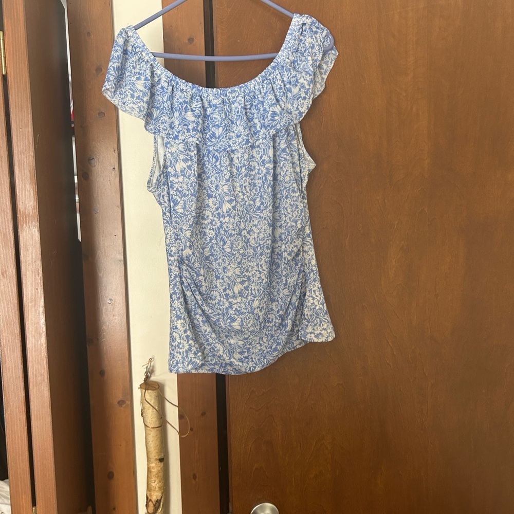 Chaps Blue and White Floral Off-Shoulder Blouse